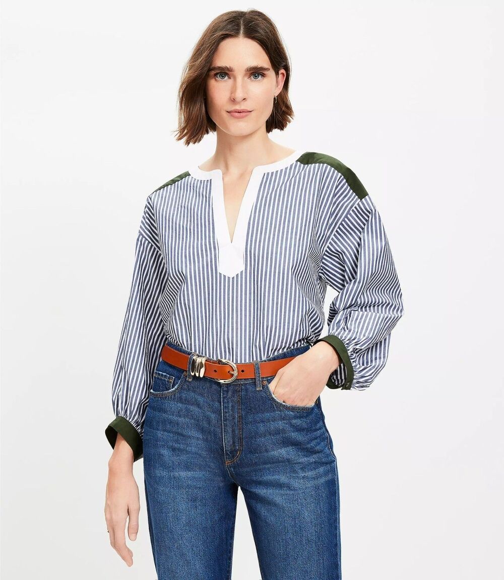 LOFT Women's LARGE Petite Colorblock Striped Poplin Split Neck Blouse